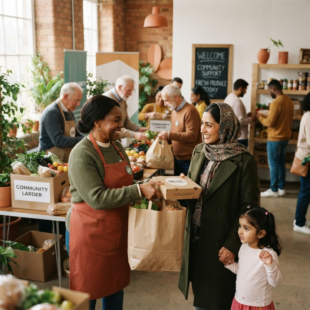 Volunteers sharing food boxes at a community centre